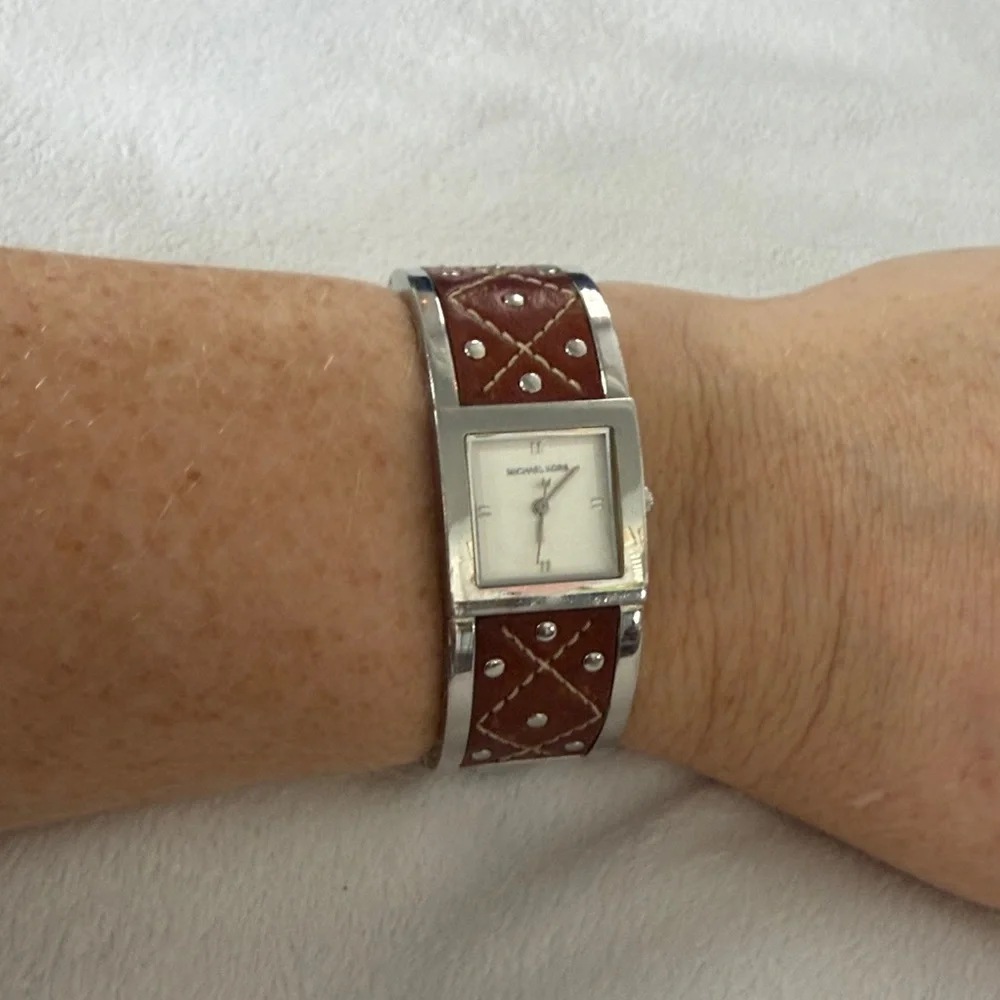 Michael Kors Silver and Brown Leather Watch - Picture 6 of 8